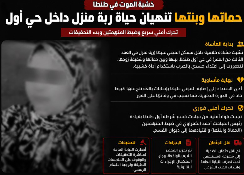 «خشبة الموت» في طنطا.. حماتها وبنتها تنهيان حياة ربة منزل داخل حي أول
